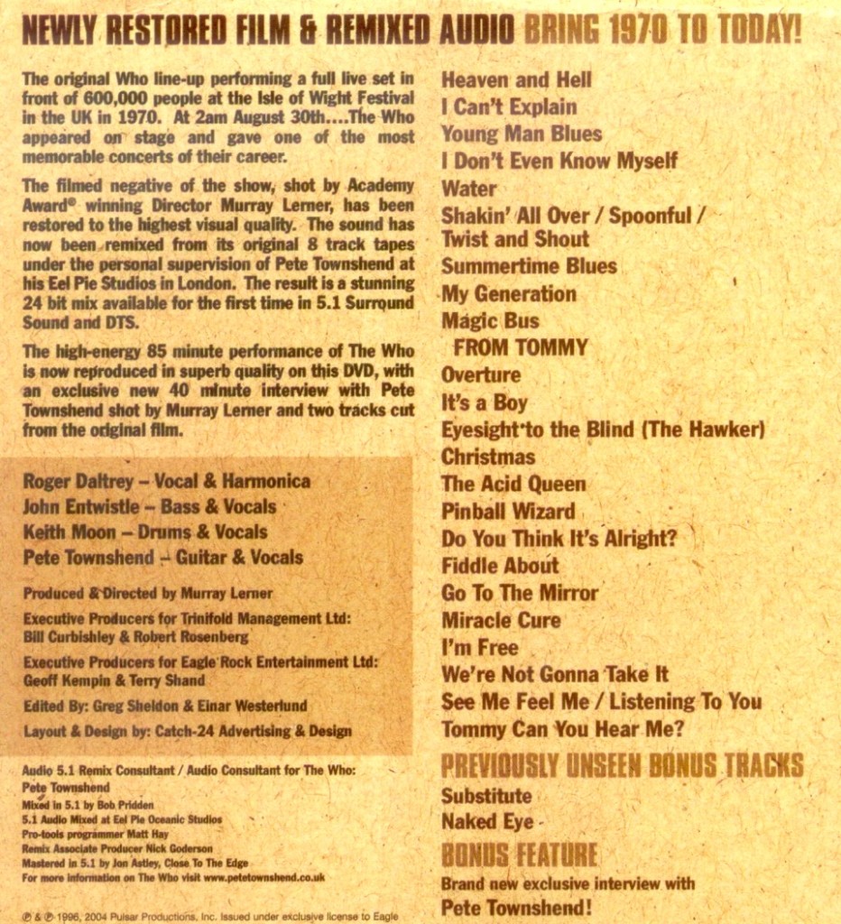 The Who Live at The Isle of Wight (back cover) (back cover)